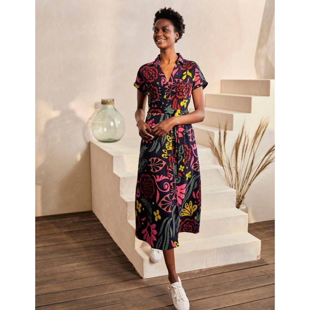 Boden Women's Floral Tropical Tie Waist Thomasina Jersey Midi Shirt Dress Size 6